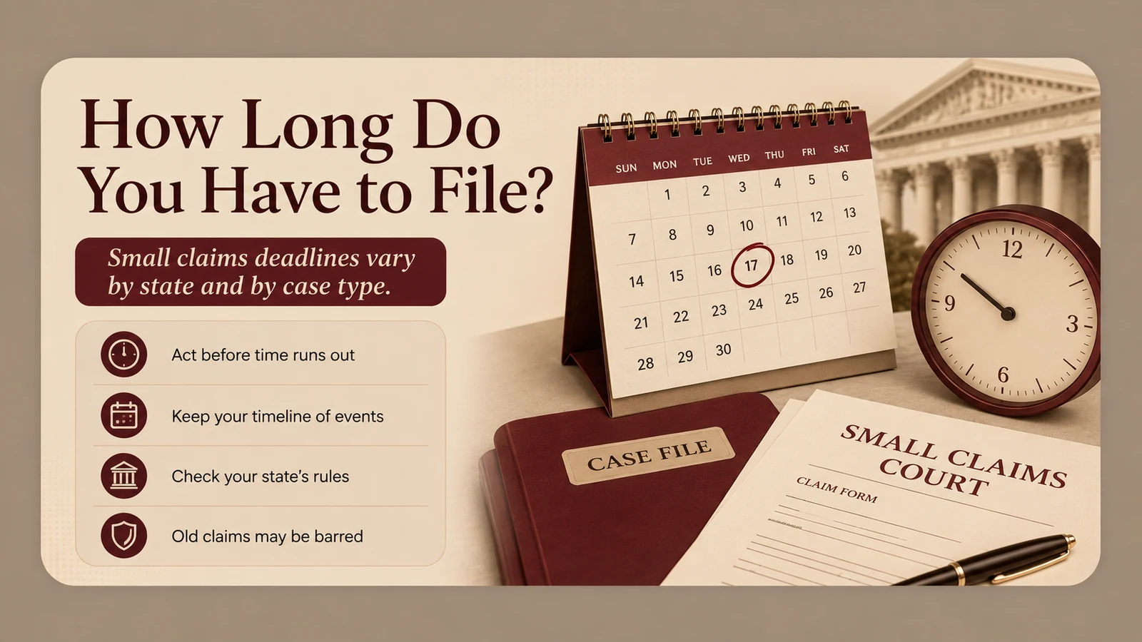 Calendar, clock, courthouse, and case file illustrating that small claims filing deadlines vary by state and claim type