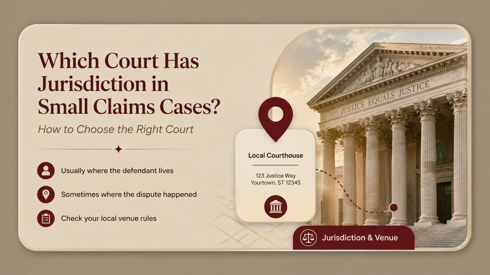 Courthouse and location marker illustrating jurisdiction and venue when choosing where to file a small claims case