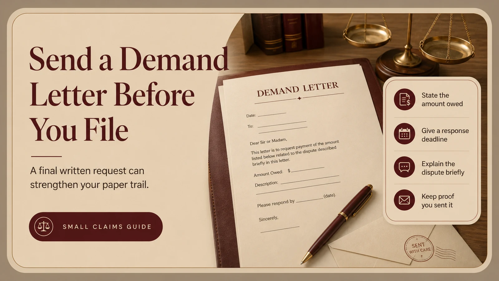 Demand letter worksheet showing the amount owed, a response deadline, a brief dispute explanation, and proof of sending before a small claims filing