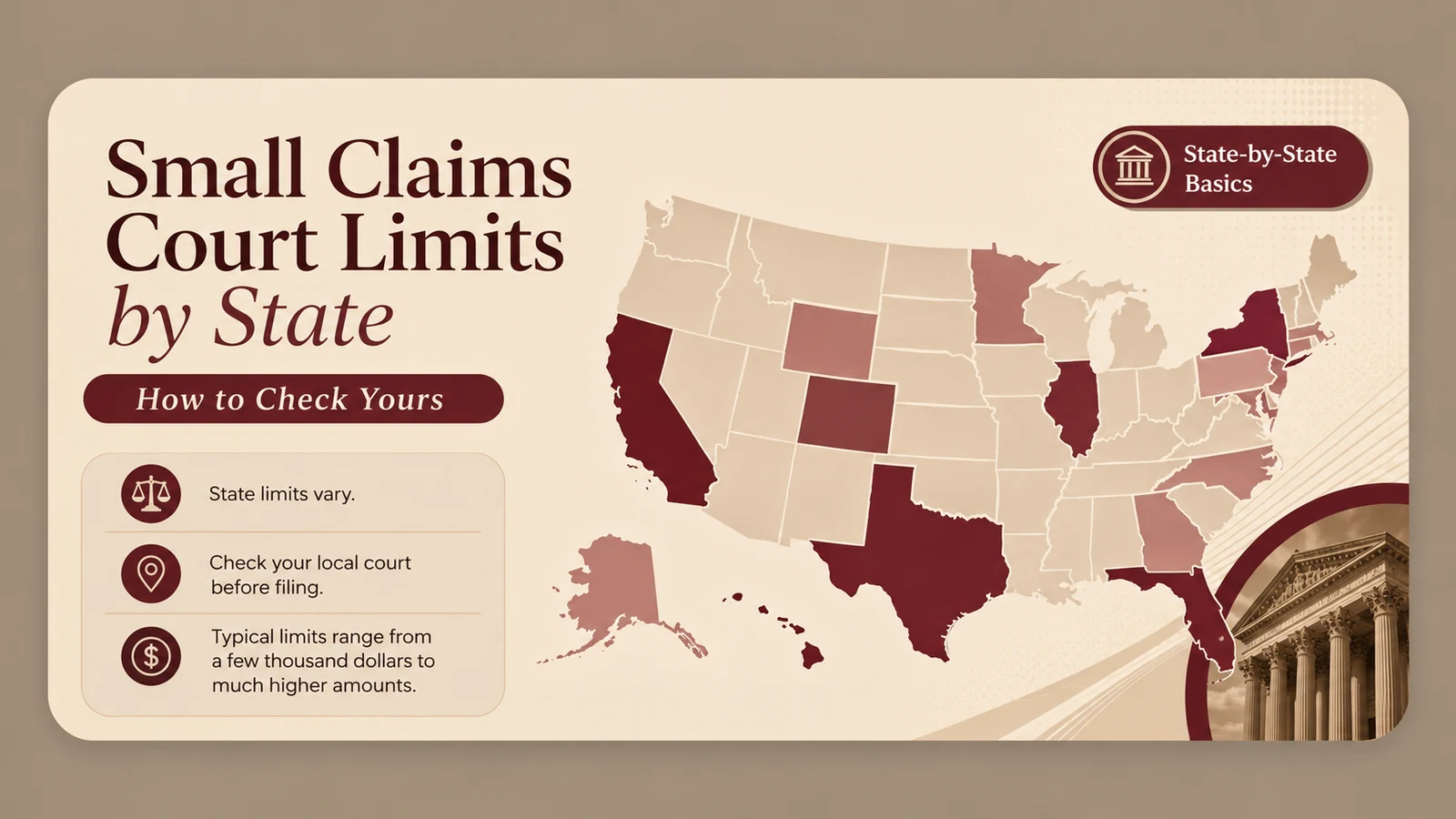 United States map illustrating that small claims court dollar limits vary by state and should be checked with the local court